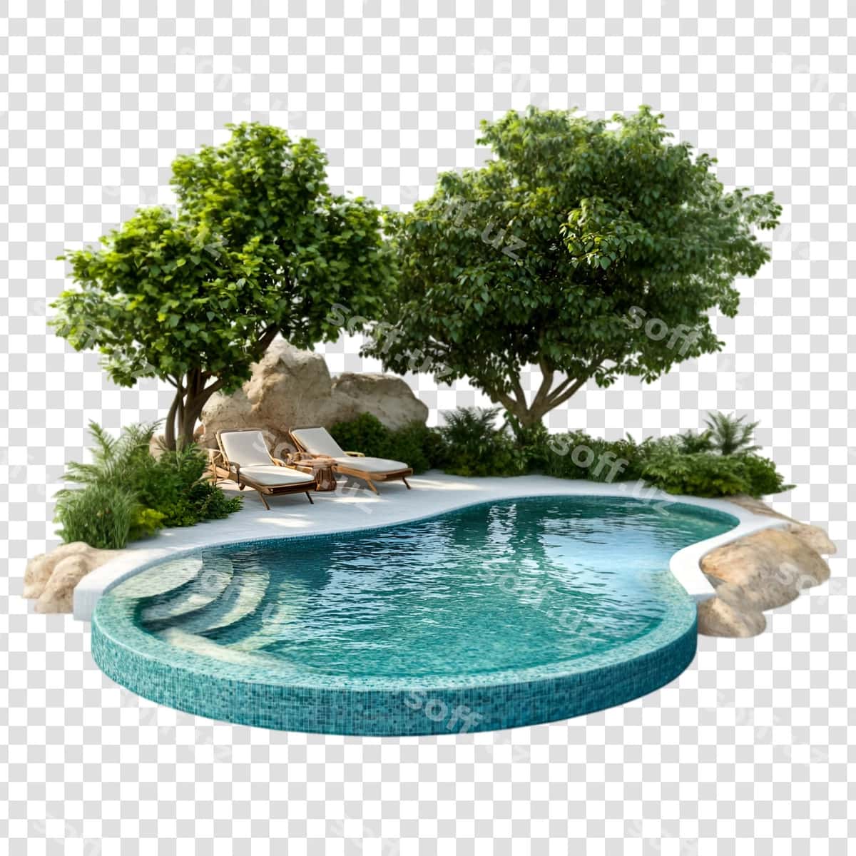 Daraxtlar butalari bilan suzish havzasi | Swimming pool with trees bushes 1