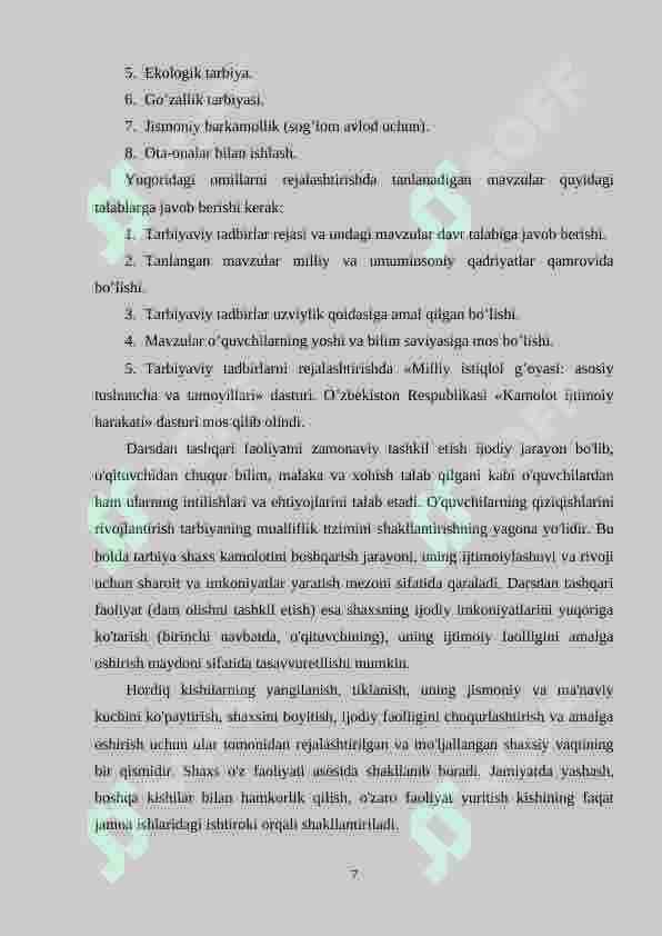 TARBIYAVIY ISHLARNI REJALASHTIRISH BO’YICHA ISHLANMA LOYIHASI 7