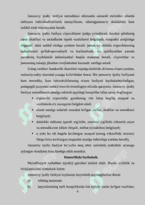 TARBIYAVIY ISHLARNI REJALASHTIRISH BO’YICHA ISHLANMA LOYIHASI 8