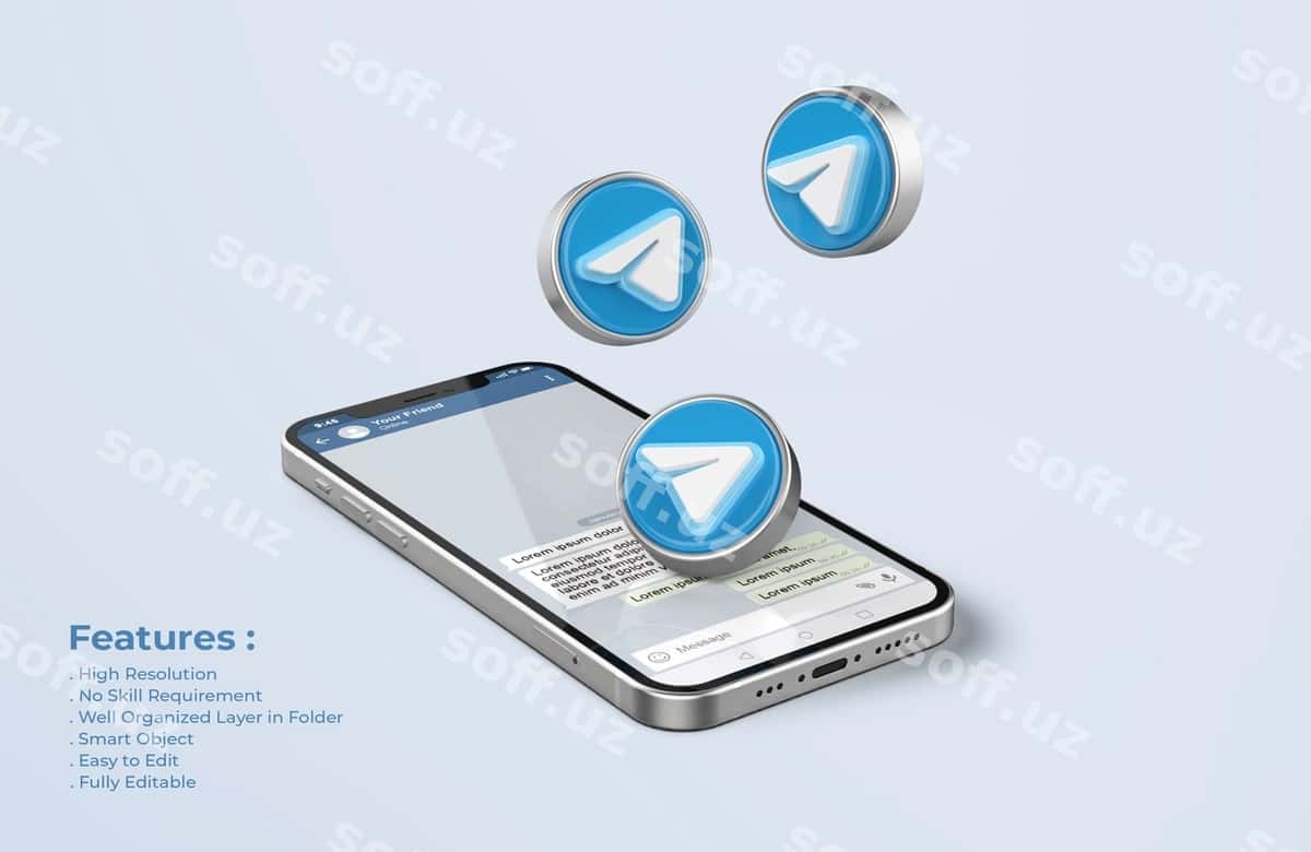 Telegram kumush mobil telefon namunasi | Telegram silver mobile phone mockup 1