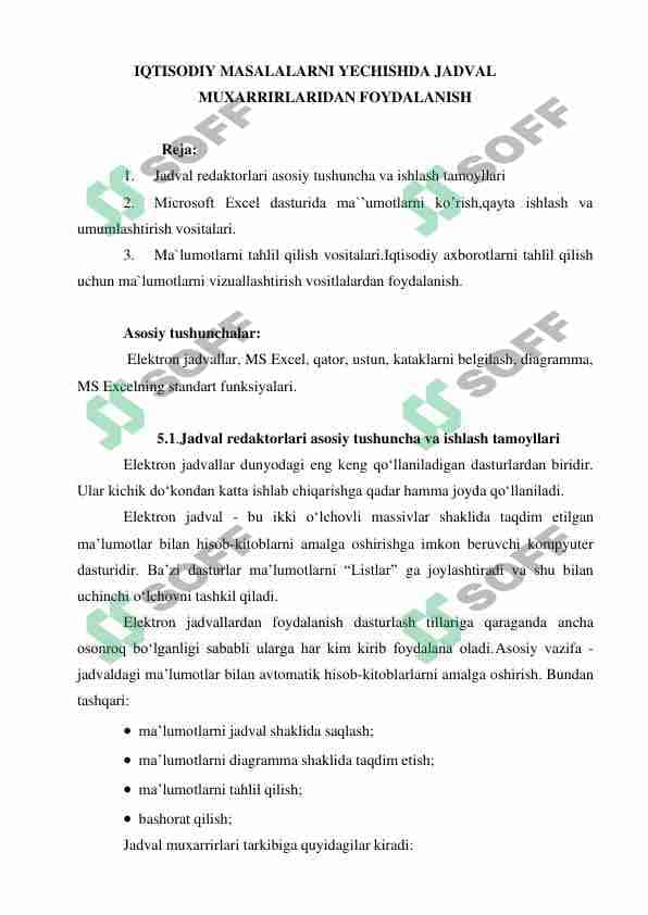 Iqtisodiy masalalarni yechishda jadval muxarrirlaridan foydalanish