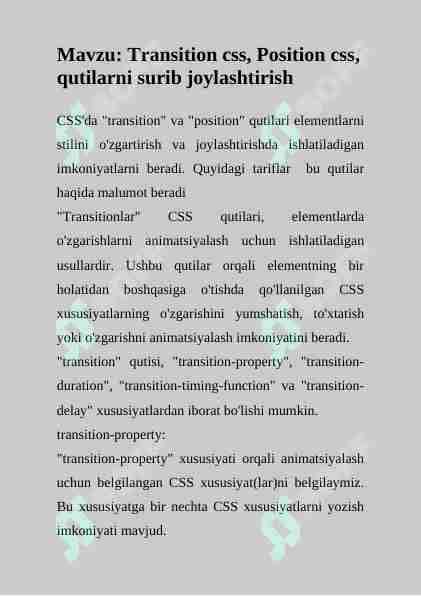 Transition css, Position css, qutilarni surib joylashtirish