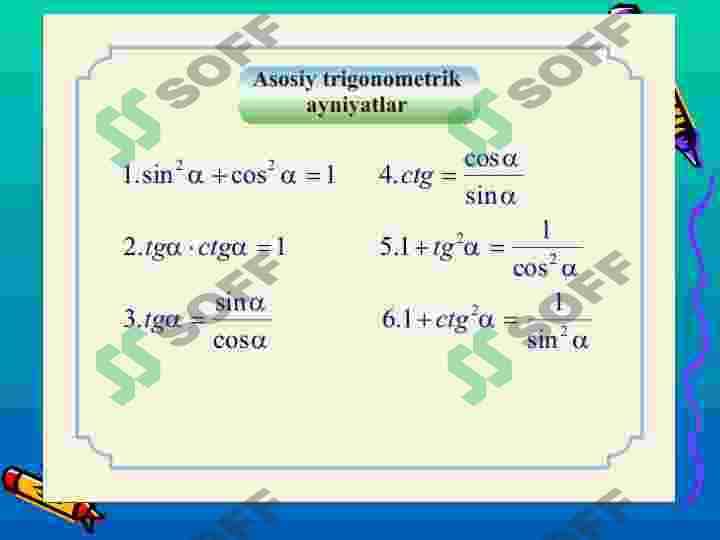 Trigonometrik ayniyatlar  9-sinf  Algebra 4