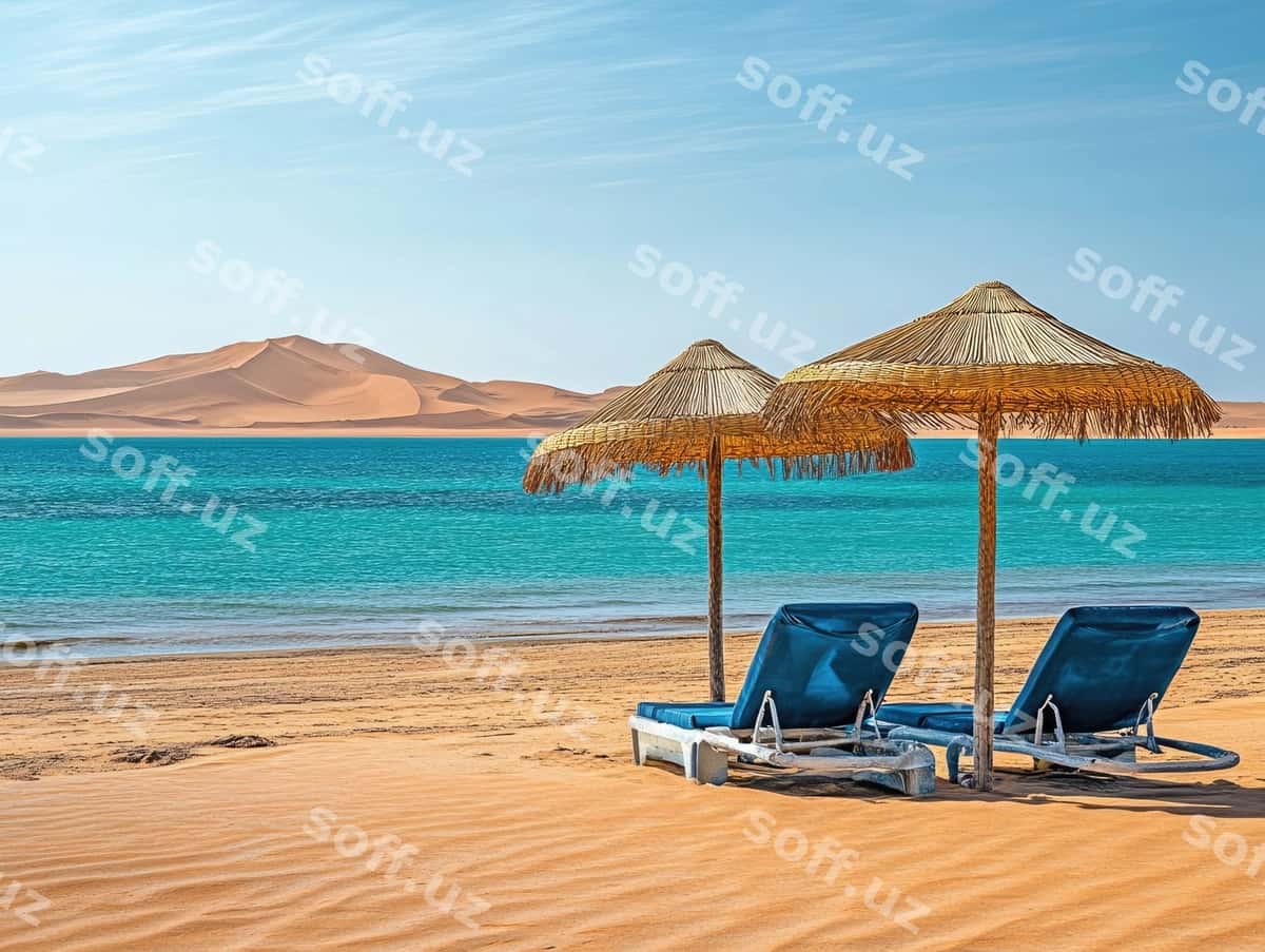 Ikki ko'k o'rin stuli, sharaf, plyaj | Two blue lounge chairs umbrella beach 1