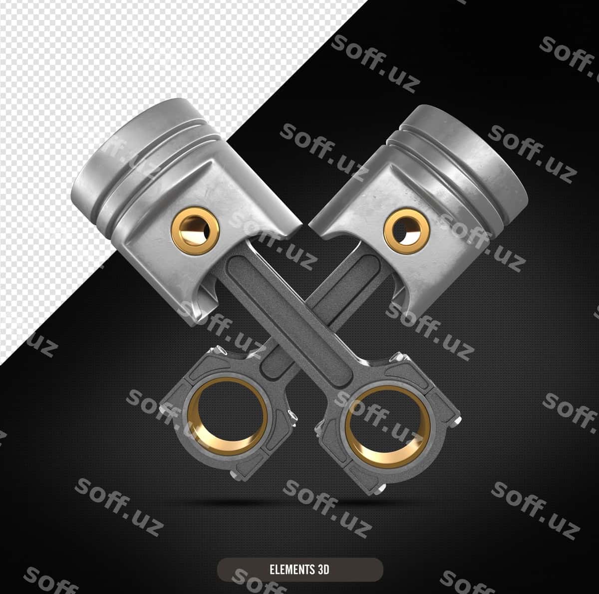 Ikki kesilgan pistonlar 3d premium psd | Two crossed pistons 3d premium psd 1