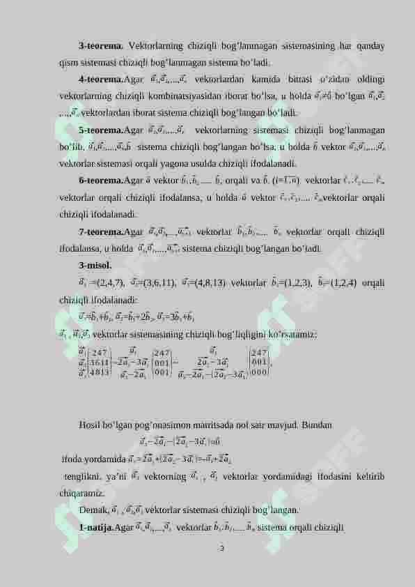 Chiziqli erkli va chiziqli bog’lanishli vektorlar 3