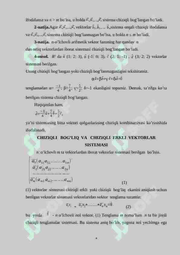 Chiziqli erkli va chiziqli bog’lanishli vektorlar 4