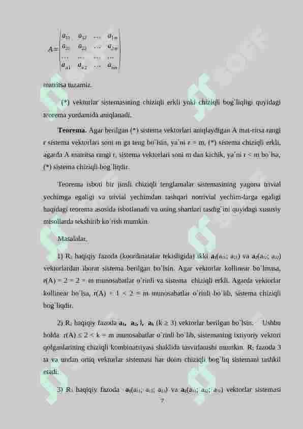 Chiziqli erkli va chiziqli bog’lanishli vektorlar 7