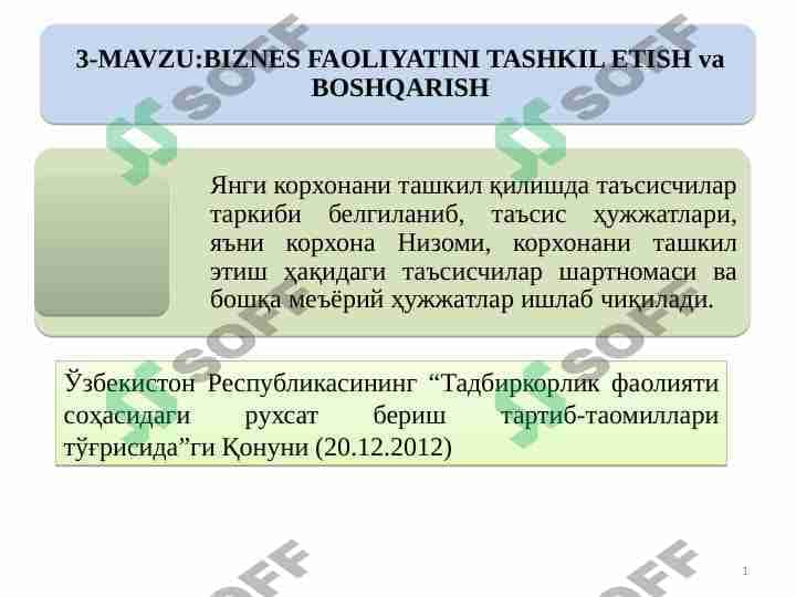 BIZNES FAOLIYATINI TASHKIL ETISH VA BOSHQARISH