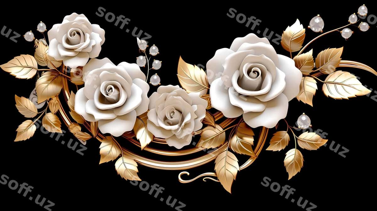 Oq gulari oltin varaq qora fonda | White roses gold leaves black background 1