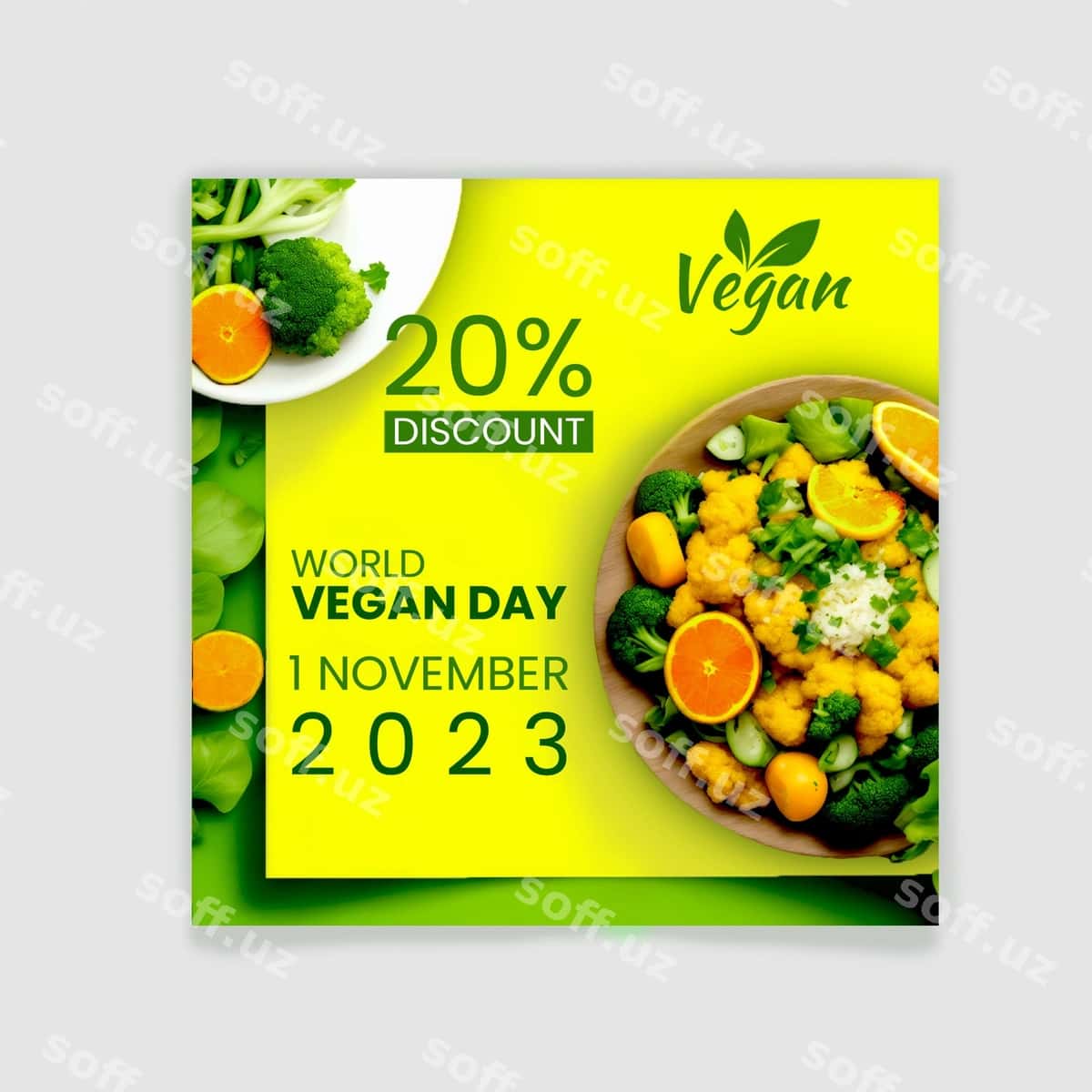 Dunyo vegan kuni uchun ijtimoiy tarmoqlardagi post dizayni | Wold vegan day social media post design 1