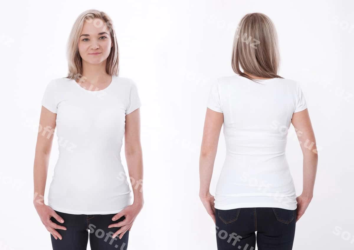 Ayol bo'sh futbolka oldi va orqasi ajraltirilgan | Woman blank t shirt front rear isolated 1