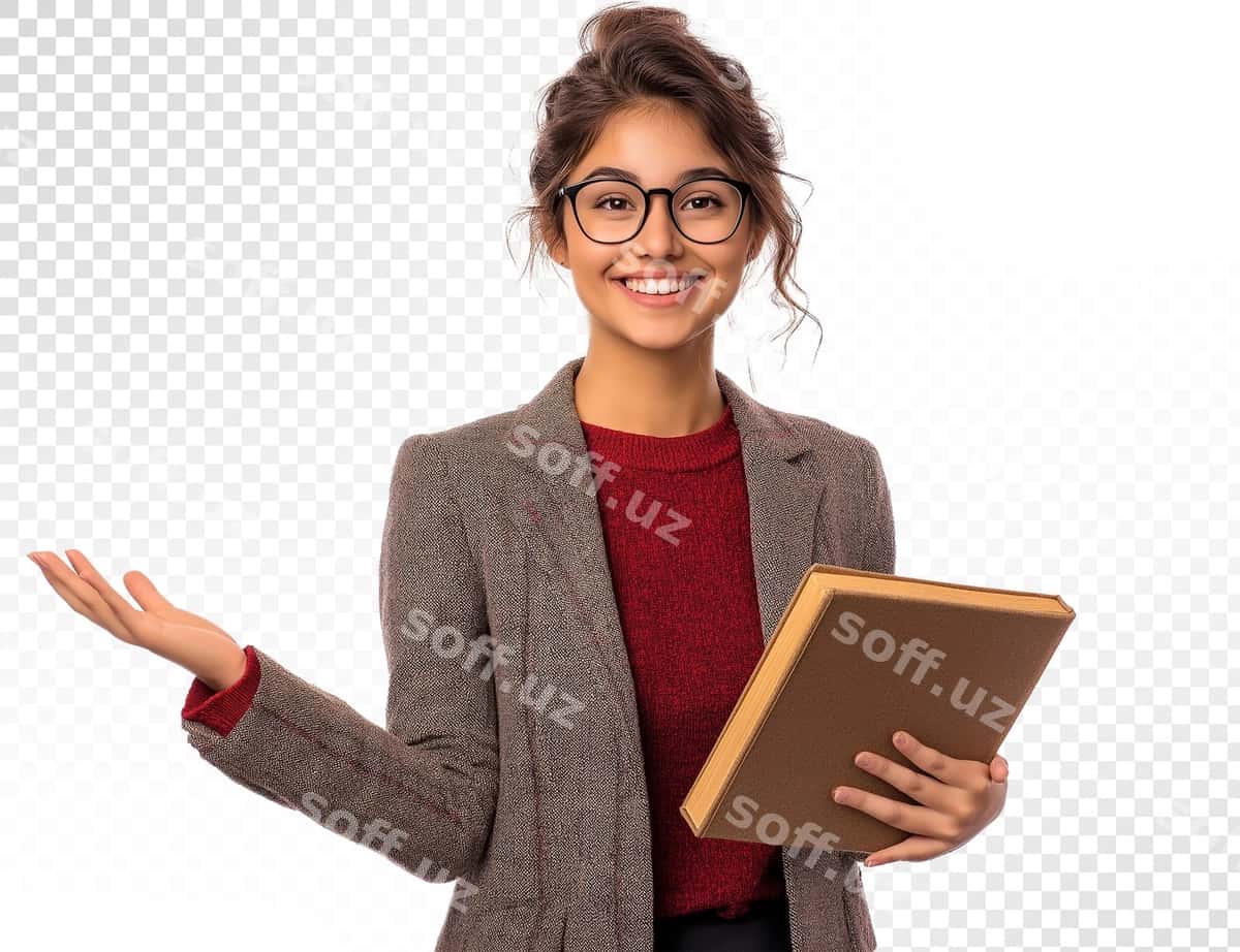 Ayol ko'z qoplari bilan kitobni har ikatta qo'l bilan tutadi. | Woman glasses holds book with both hands 1
