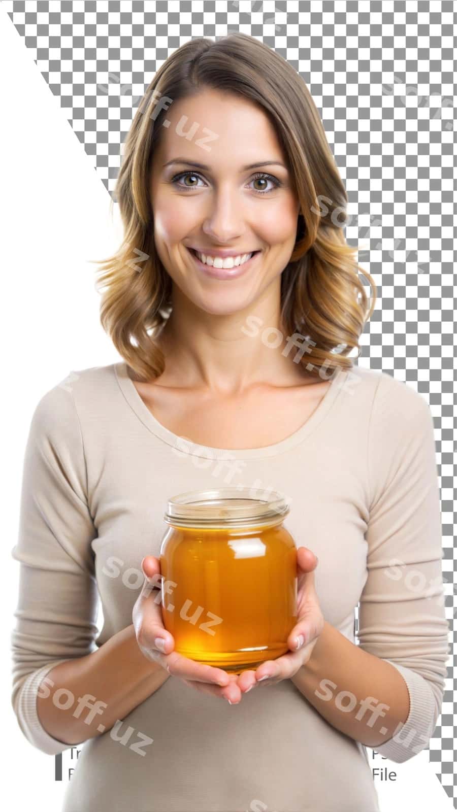 Ayol shirinlik bankasini tutgan gulman | Woman holding jar honey smiling 1