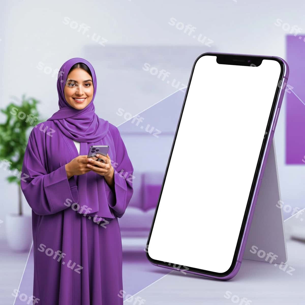 Ayol binafsha kiyim akillik telefon foydalanmoqda | Woman purple attire using smartphone 1