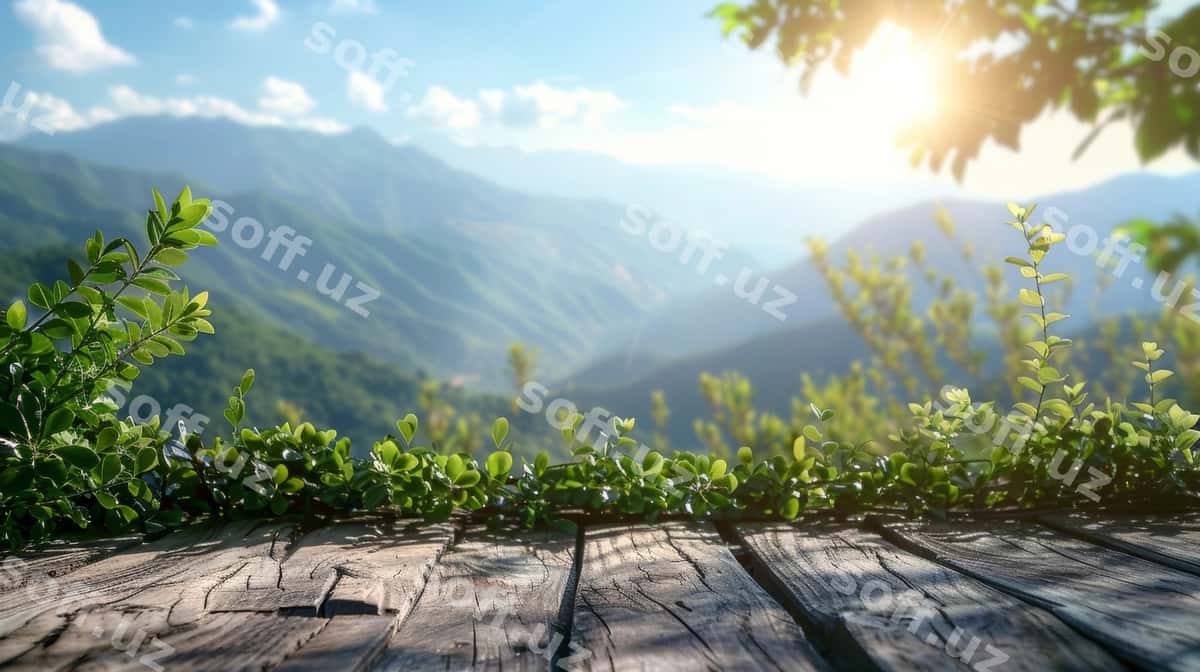 Yog'ochli stol to'p qatorini ko'rayotgan | Wooden table overlooking mountain range 1
