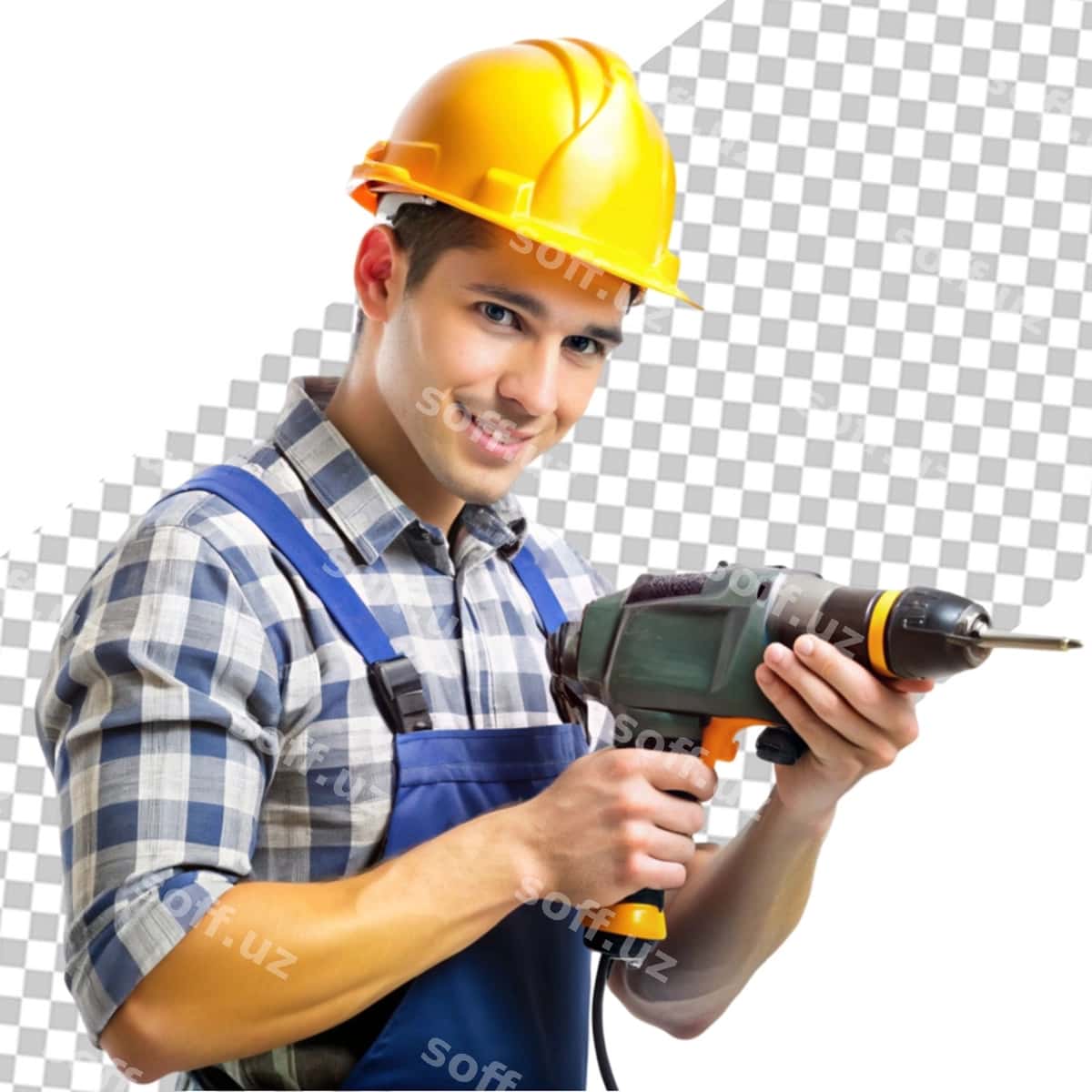 Ishchi bor bilan oq orqa fonda | Workman with drill white background 1