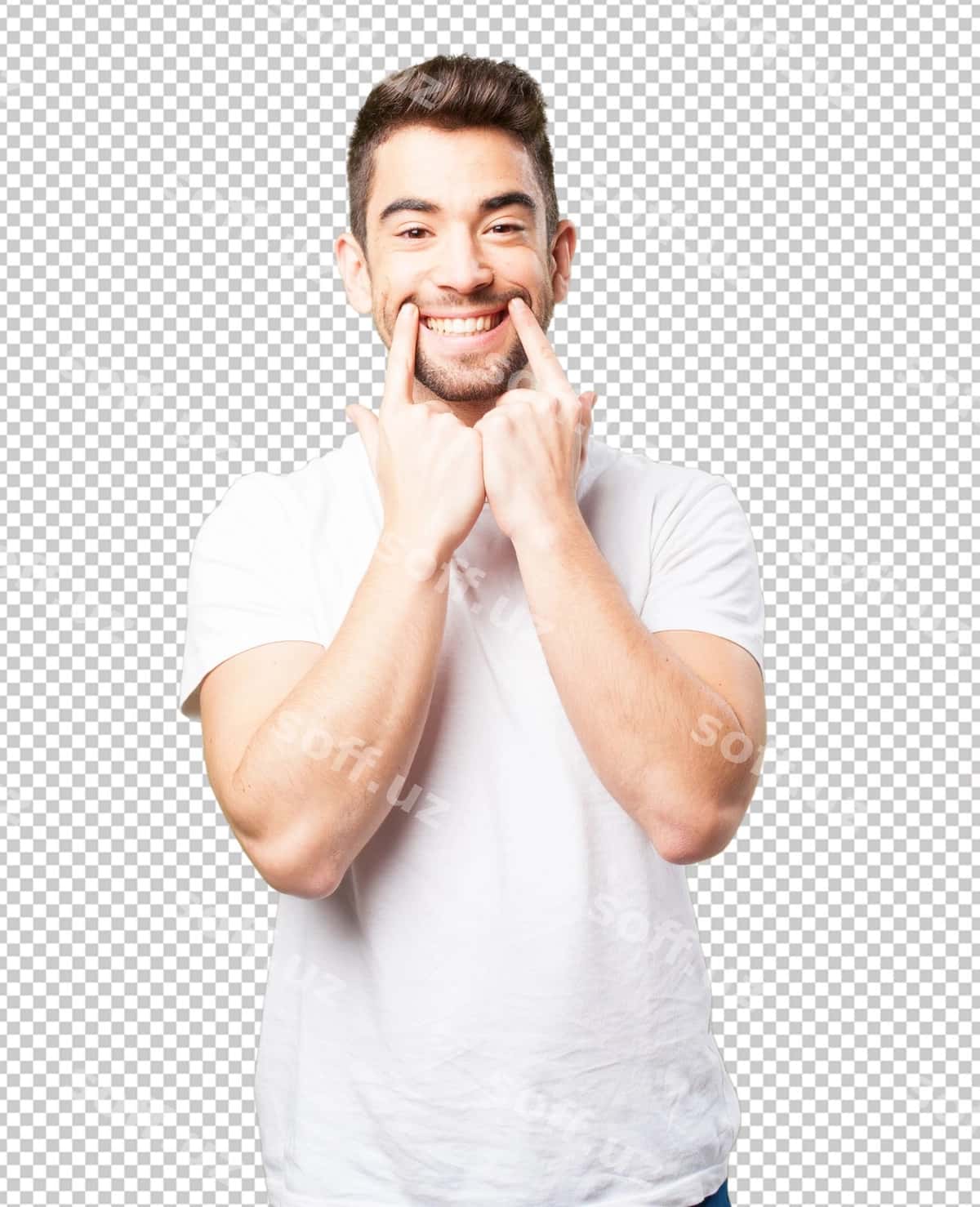 Yosh erkak o'zining og'ziga ko'rsatmoq | Young man pointing his mouth 1