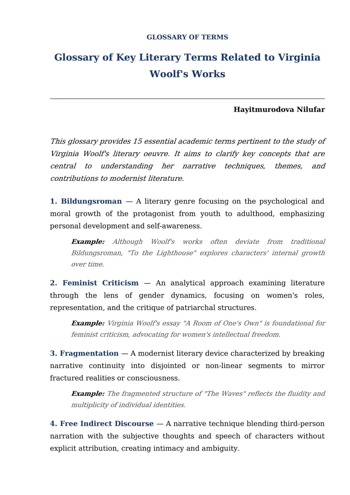 Glossary of Key Literary Terms Related to Virginia Woolf's Works