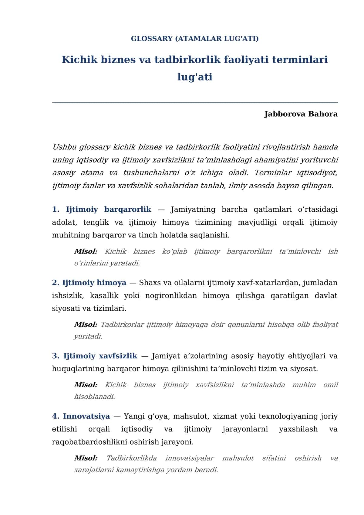 Kichik biznes va tadbirkorlik terminlari lug'ati (Glossary)