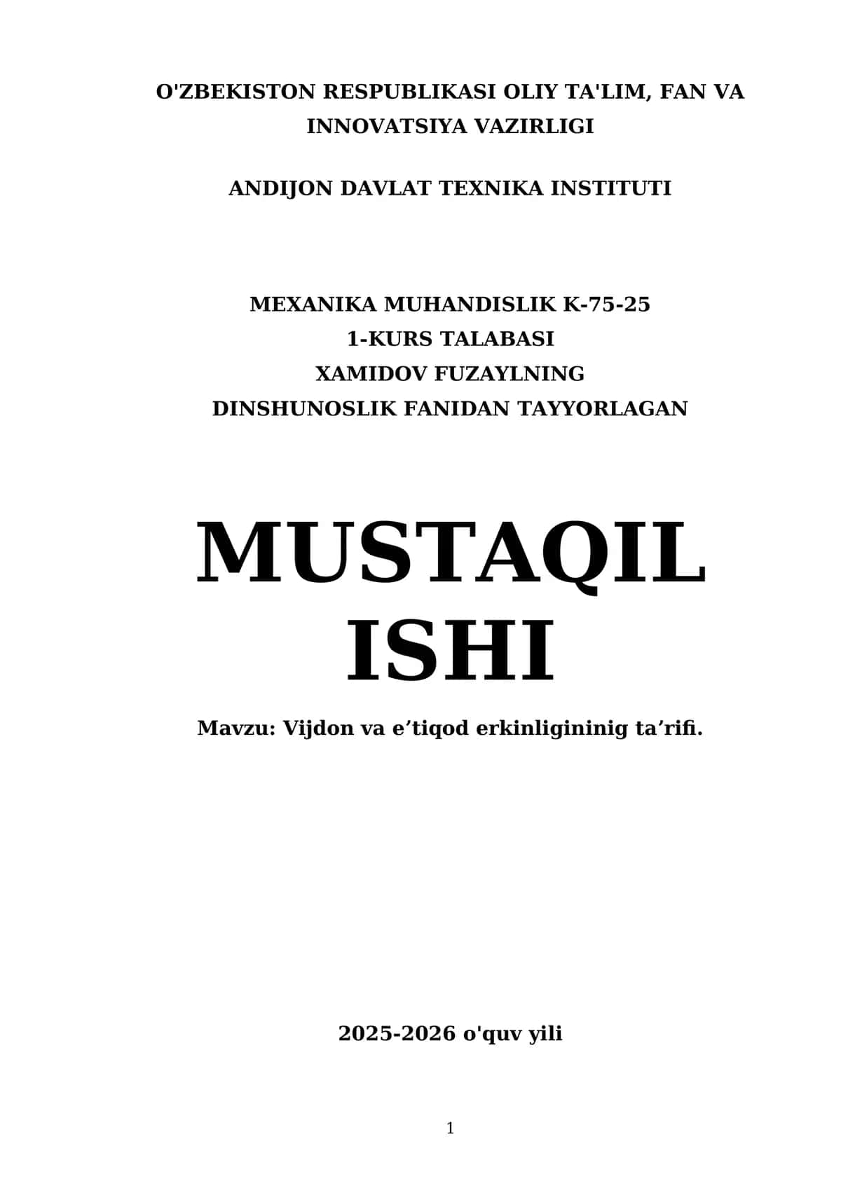 Mustaqil ish: Vijdon va eʼtiqod erkinligining taʼrifi