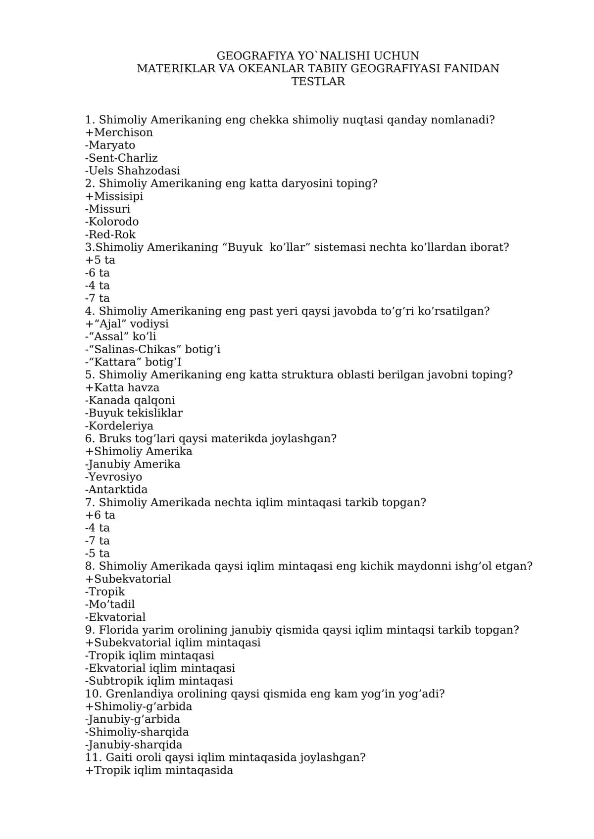 Materiklar va Okeanlar Tabiiy Geografiyasi Fanidan Test Savollari