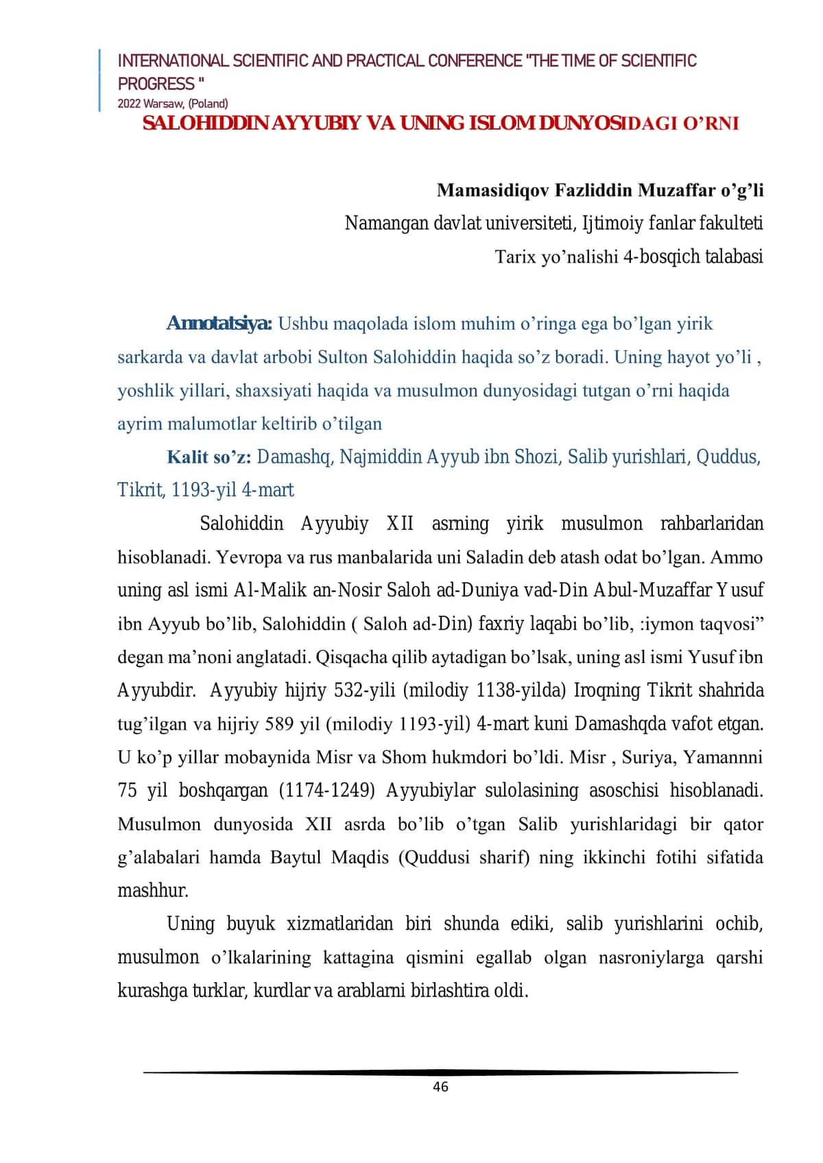 Salohiddin Ayyubiy va uning Islom dunyosidagi o’rni