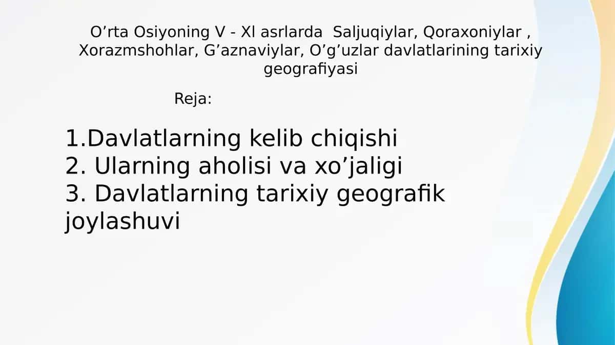 O’rta Osiyo davlatlarining V-XI asrlarda tarixiy geografiyasi