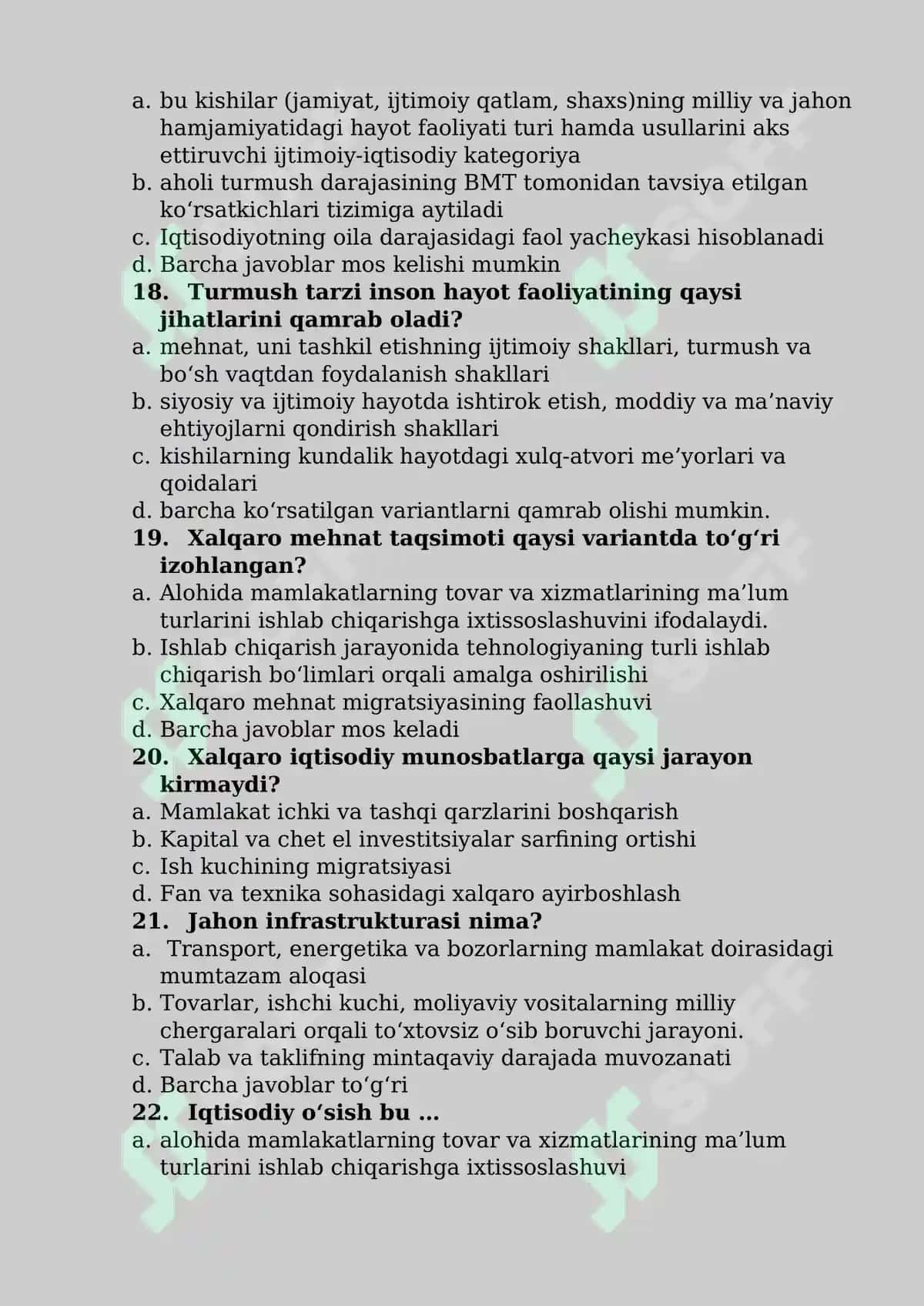 Iqtisodiy rivojlanishga oid test savollari 4