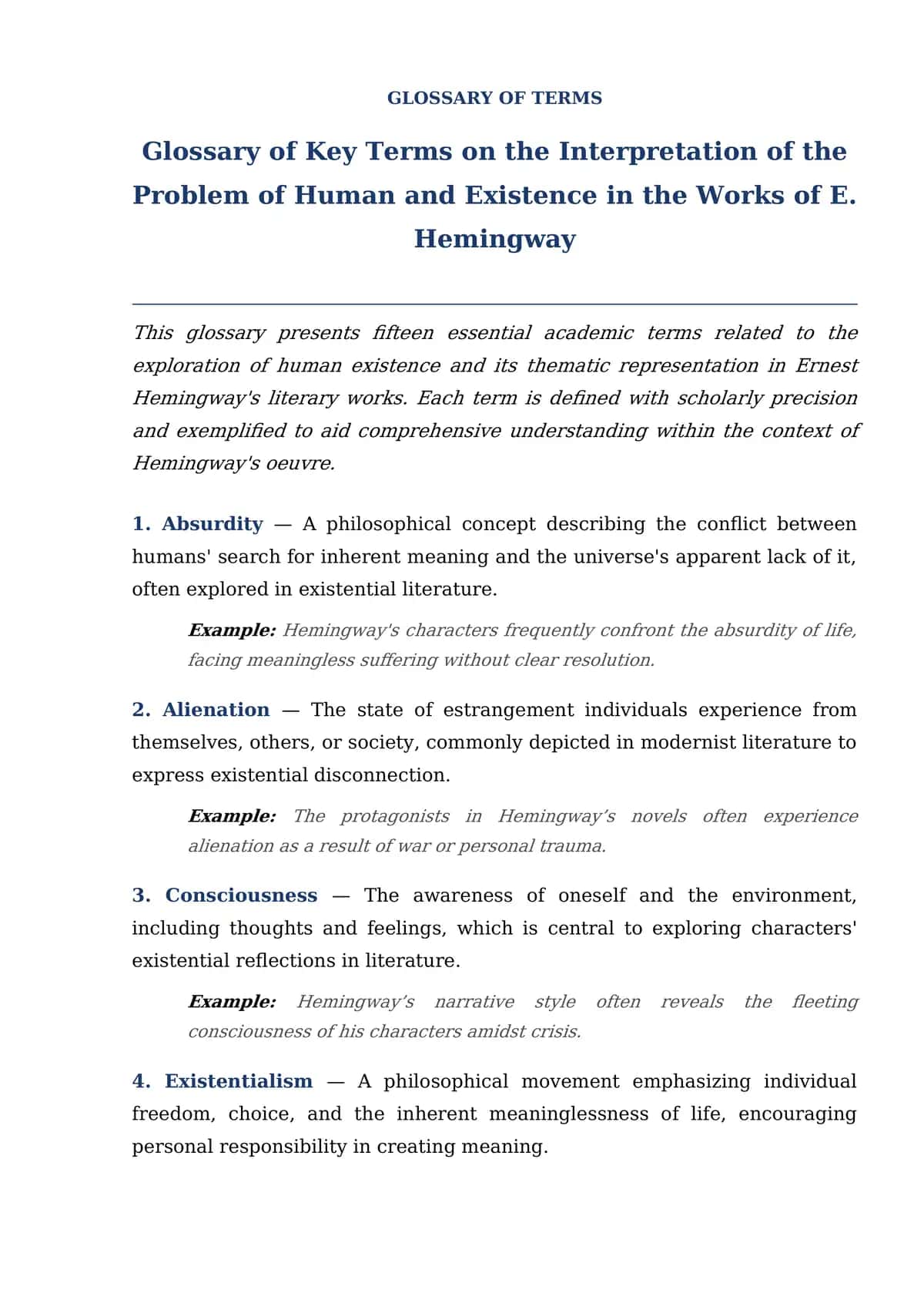 Glossary of Key Terms on the Interpretation of the Problem of Human and Existence in the Works of E. Hemingway