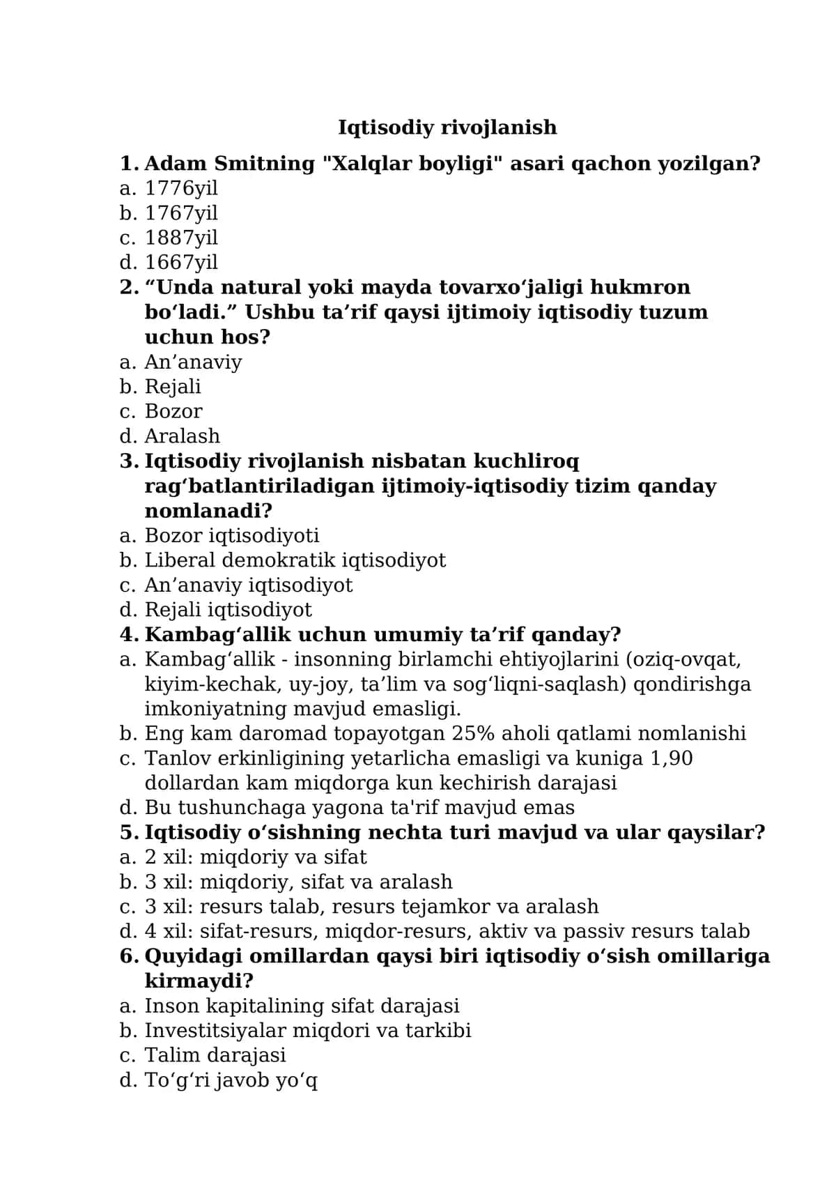 Iqtisodiy rivojlanishga oid test savollari