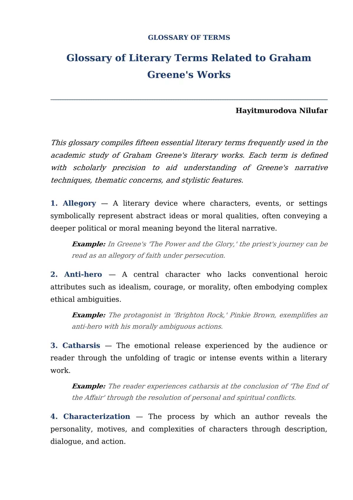 Glossary of Literary Terms Related to Graham Greene's Works
