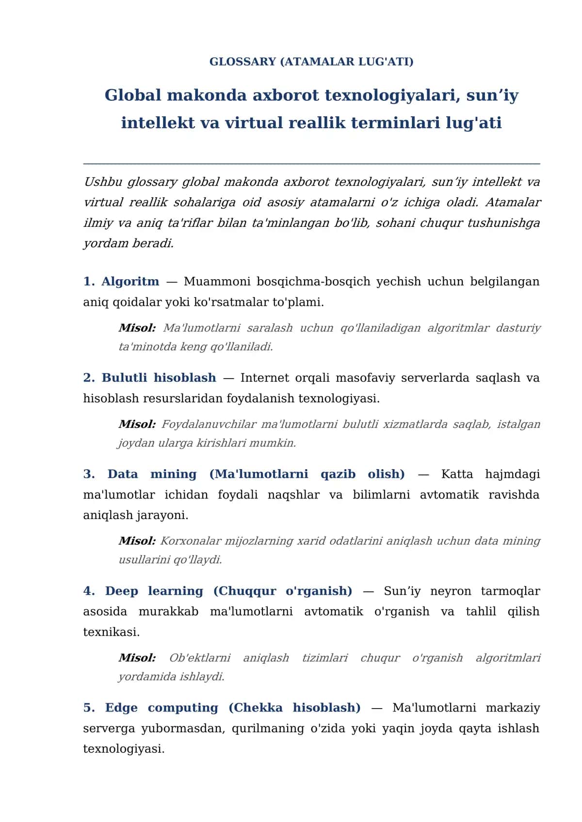 Global Makonda Axborot Texnologiyalari, Sunʼiy Intellekt va Virtual Reallik Terminlari Lug'ati