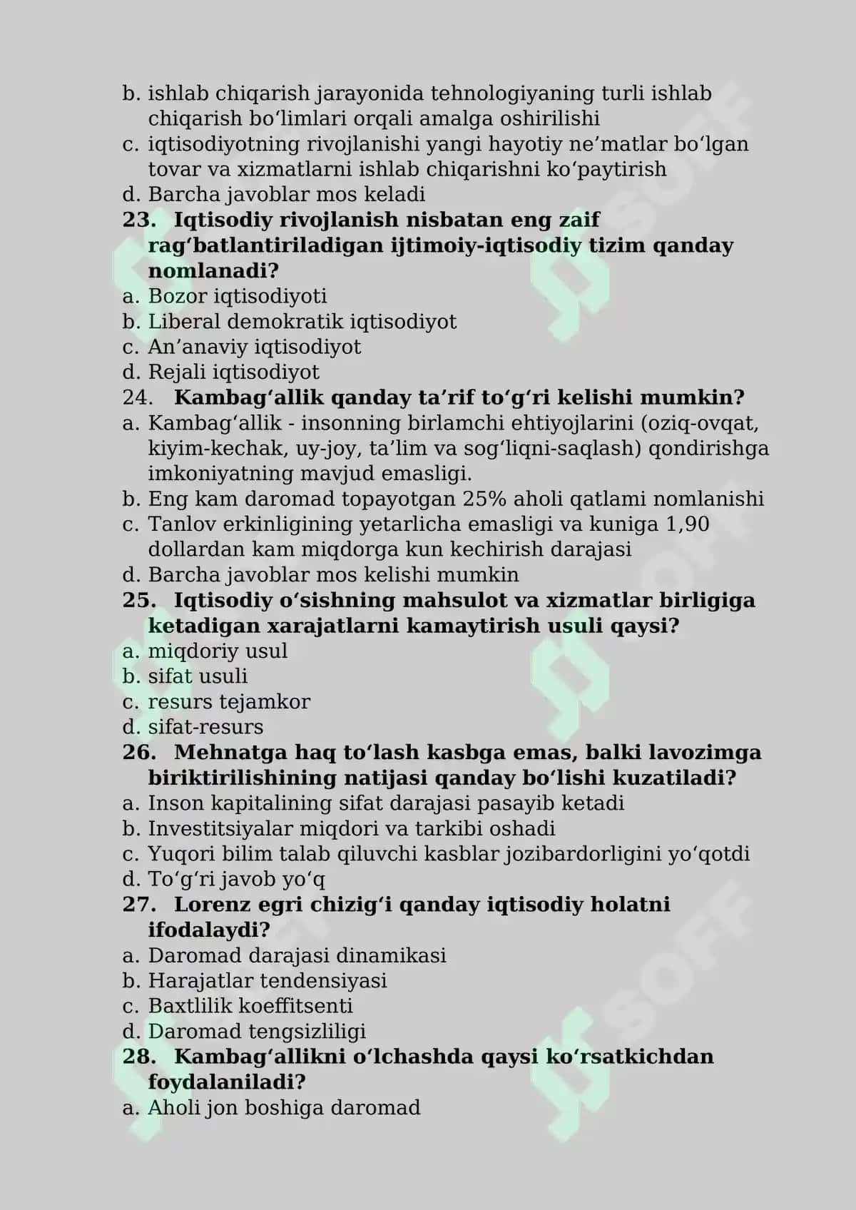 Iqtisodiy rivojlanishga oid test savollari 5
