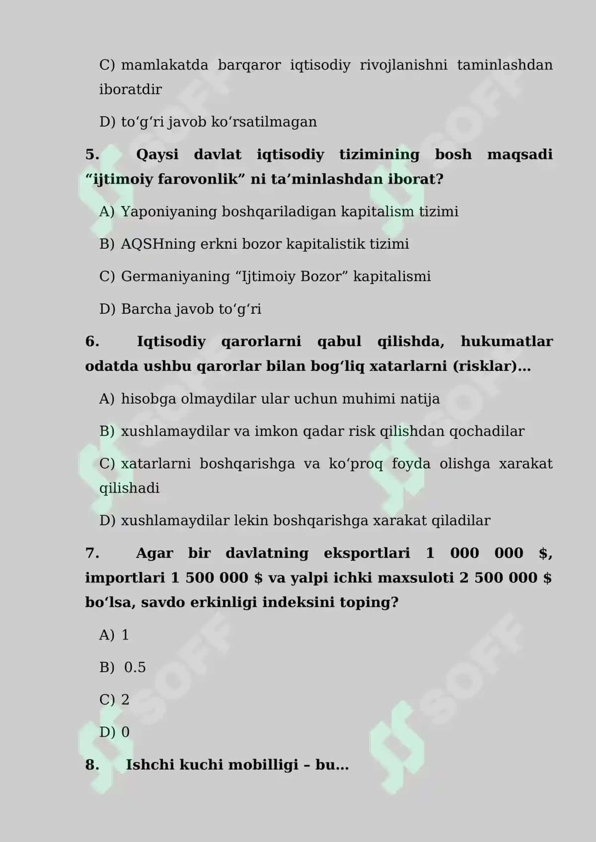 Iqtisodiy siyosat bo'yicha test savollari 2