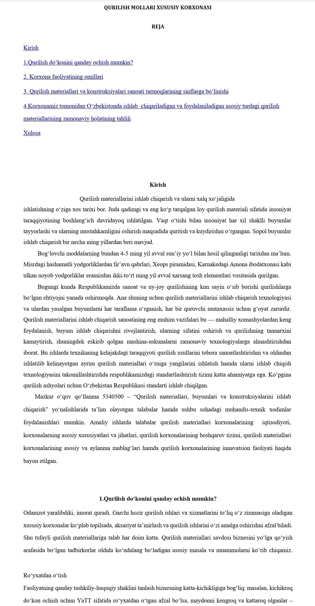 QURILISH MOLLARI XUSUSIY KORXONASI