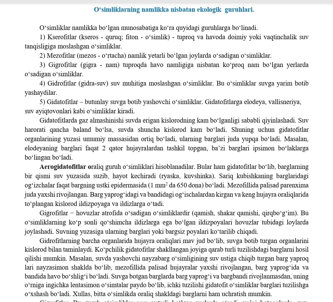 О‘simlik va hayvonlarning ekologik guruhlari