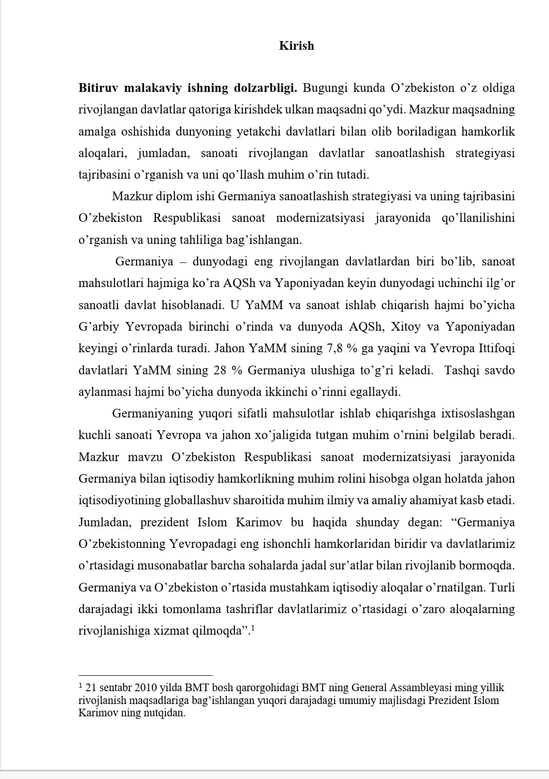 Germaniya sanoatlashish strategiyasi asosidagi O’zbekiston Respublikasi sanoat modernizatsiyasi istiqbollari