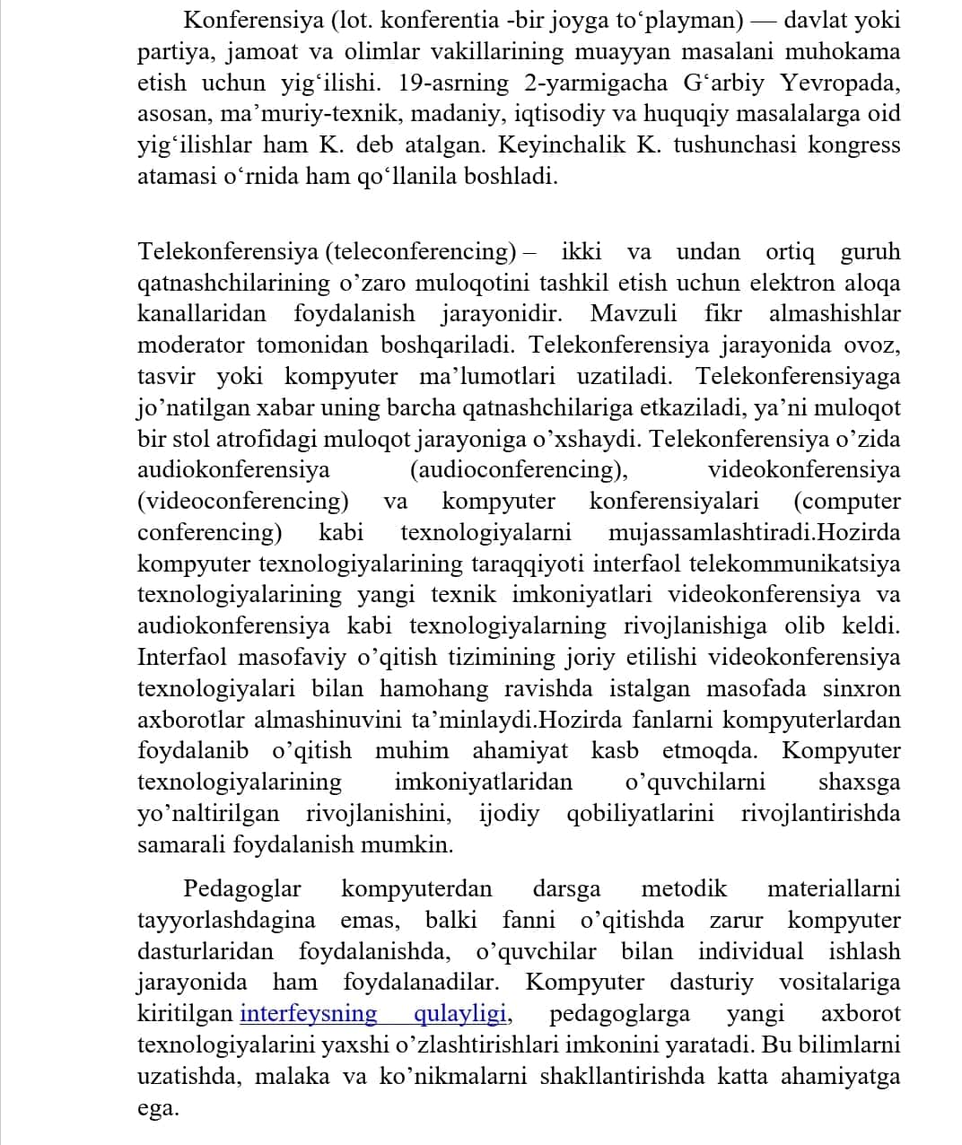 Telekonferensiya va undan o’quv jarayonida foydalanish