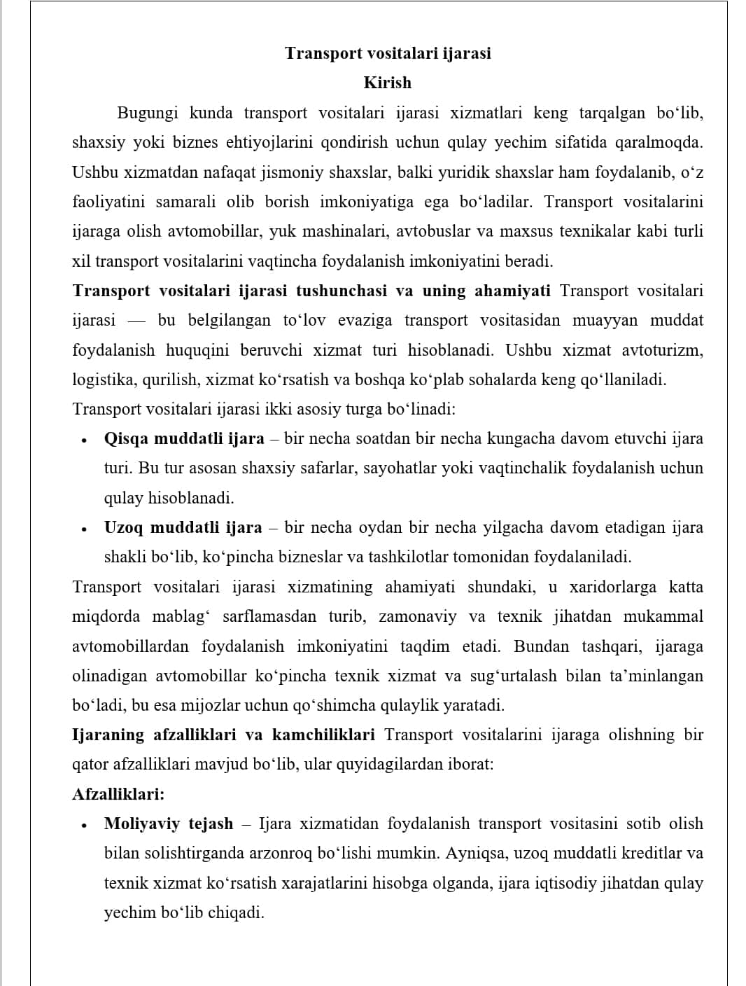 Transport vositalari ijarasi