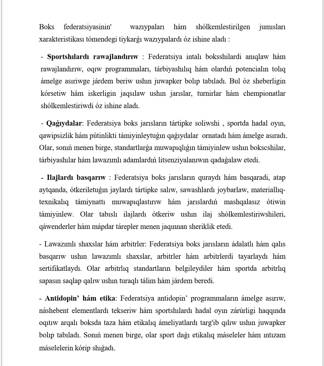 BOKS FEDERATCIYASI SIPATLAMASI WAZIYPALARI HAM SHOLKEMLESTIRILGEN JUMUSLARI