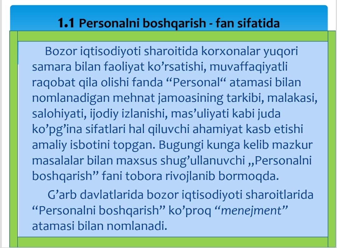 “PERSONALNI BOSHQARISH” fanining predmeti va vazifalari