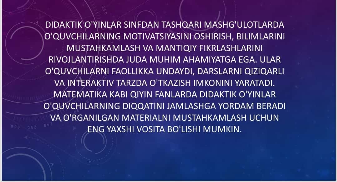 MAVZU:Sinfdan tashqari mashg`ulotlarda didaktik o`yinlarning ahamiyati, mazmuni ulardan foydalanish usullari
