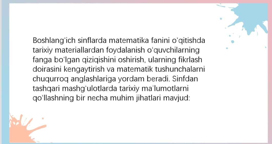 Boshlangʻich sinflarda matematikadan sinfdan tashqari ishlarda tarixiy materiallardan foydalanish