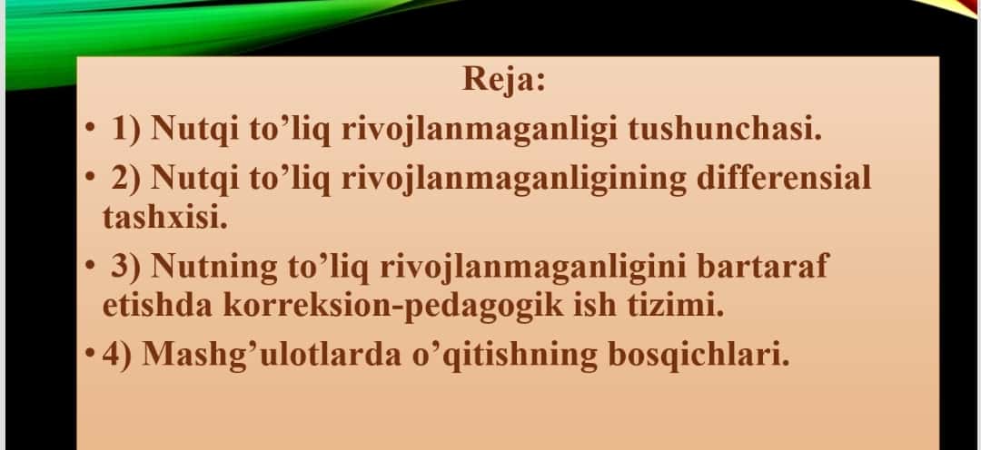 Nutqi to’liq rivojlanmagan bolalar guruhidagi bolalar nutqini mashg’ulotlarda kuzatish va tahlil qilish