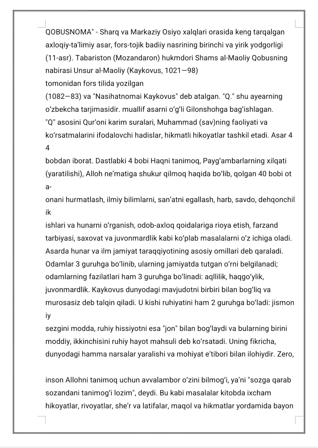 Kaykovusning “Qobusnoma” asarida hikoyatlar tahlili