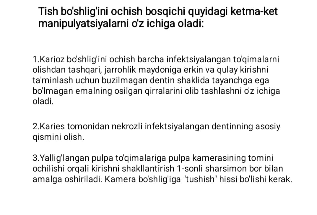 Endo kirish.Tish bo'shlig'ini ochish texnikasi