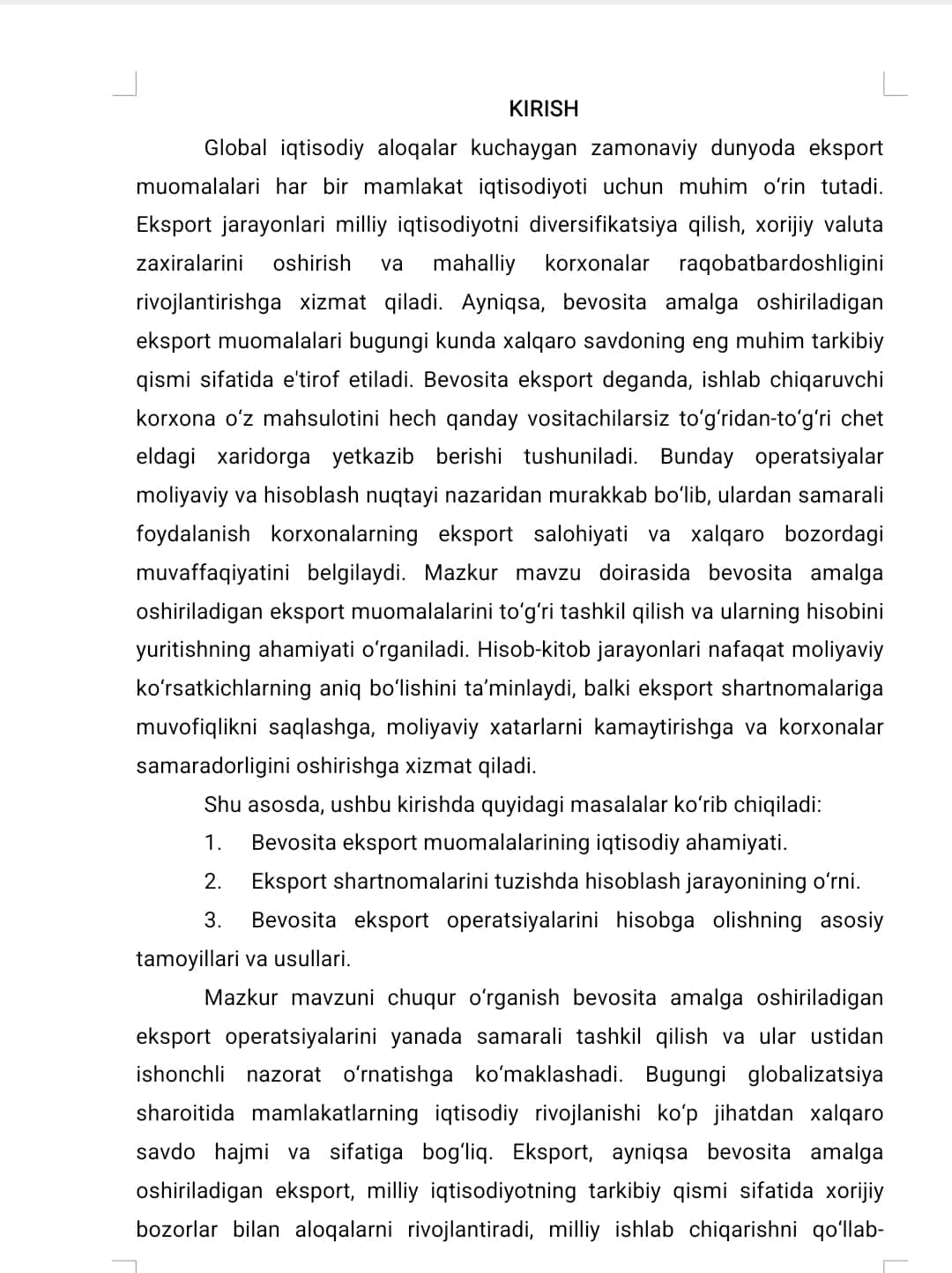 BEVOSITA AMALGA OSHIRILADIGAN EKSPORT MUOMALALARINING HISOBI