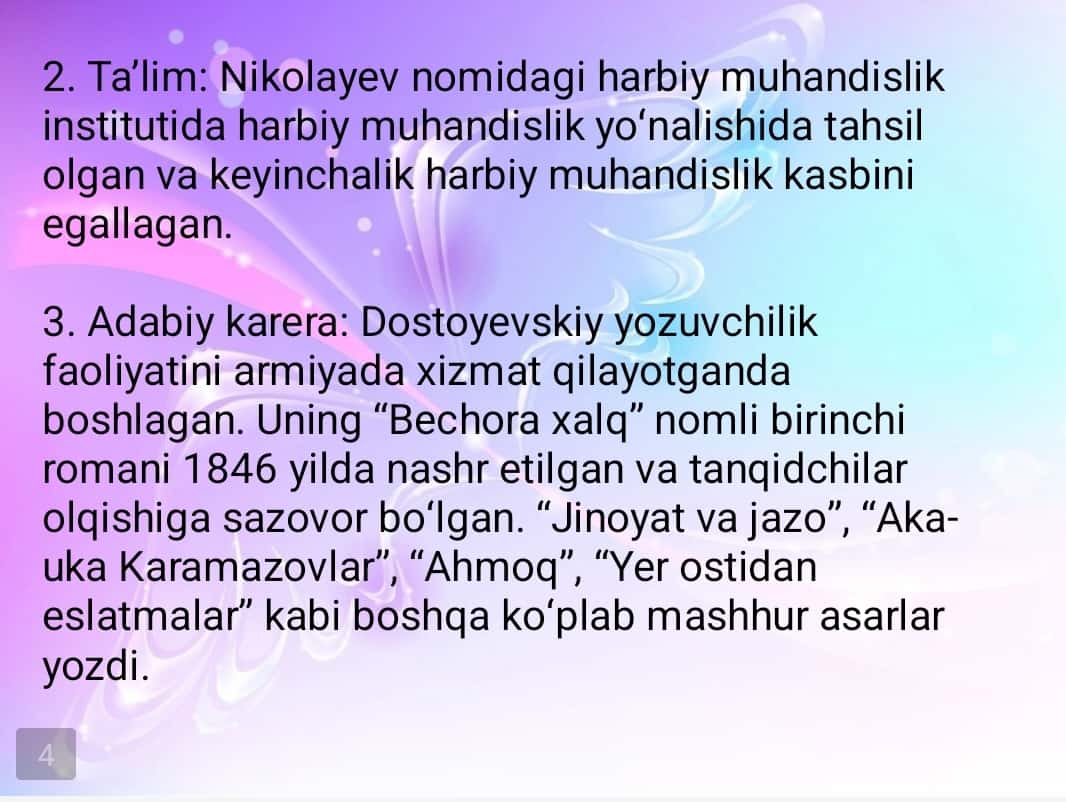 Dostoevskiy hayoti va " Telba" asari tahlili