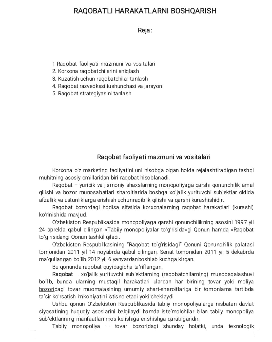 RAQOBATLI HARAKATLARNI BOSHQARISH mavzusida tayyorlangan sifatli mustaqil ish
